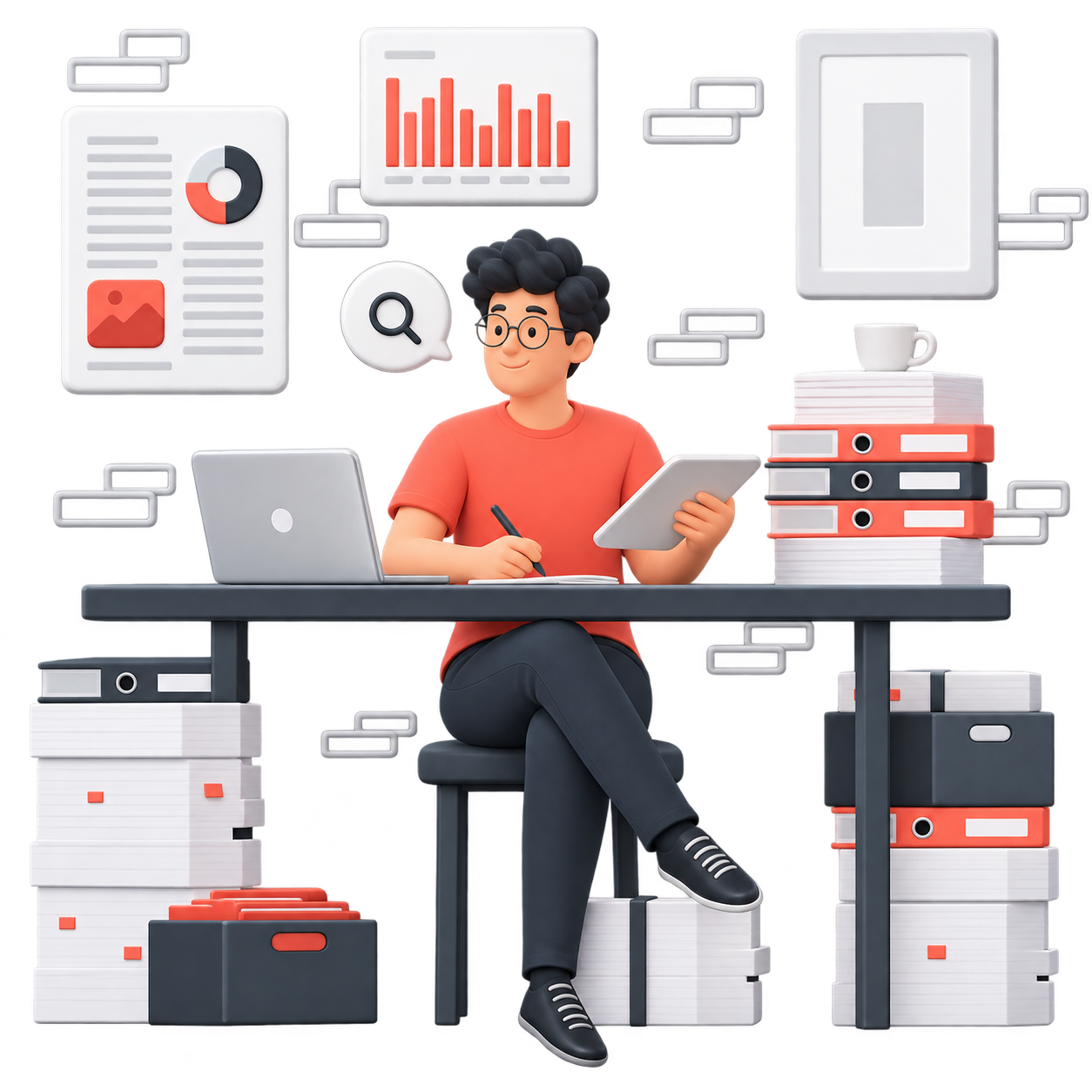 Employee reviewing documents at a desk with performance charts