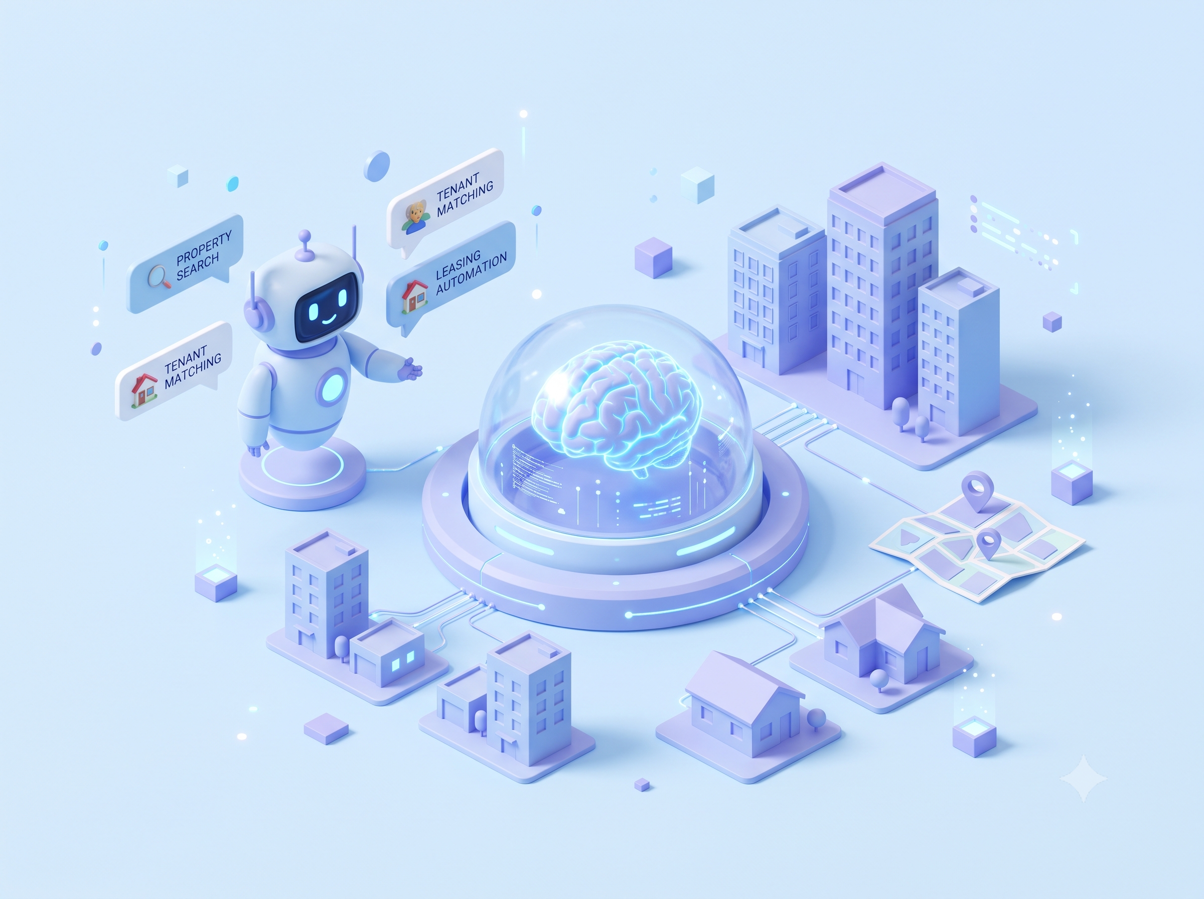 3D illustration representing artificial intelligence and bespoke AI agents in real estate management