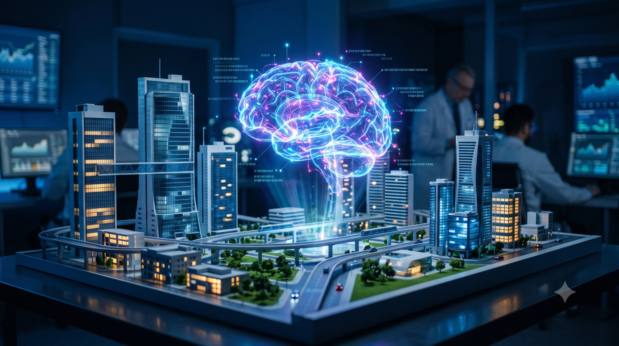 Holographic AI brain floating above architectural models representing AI integration in real estate