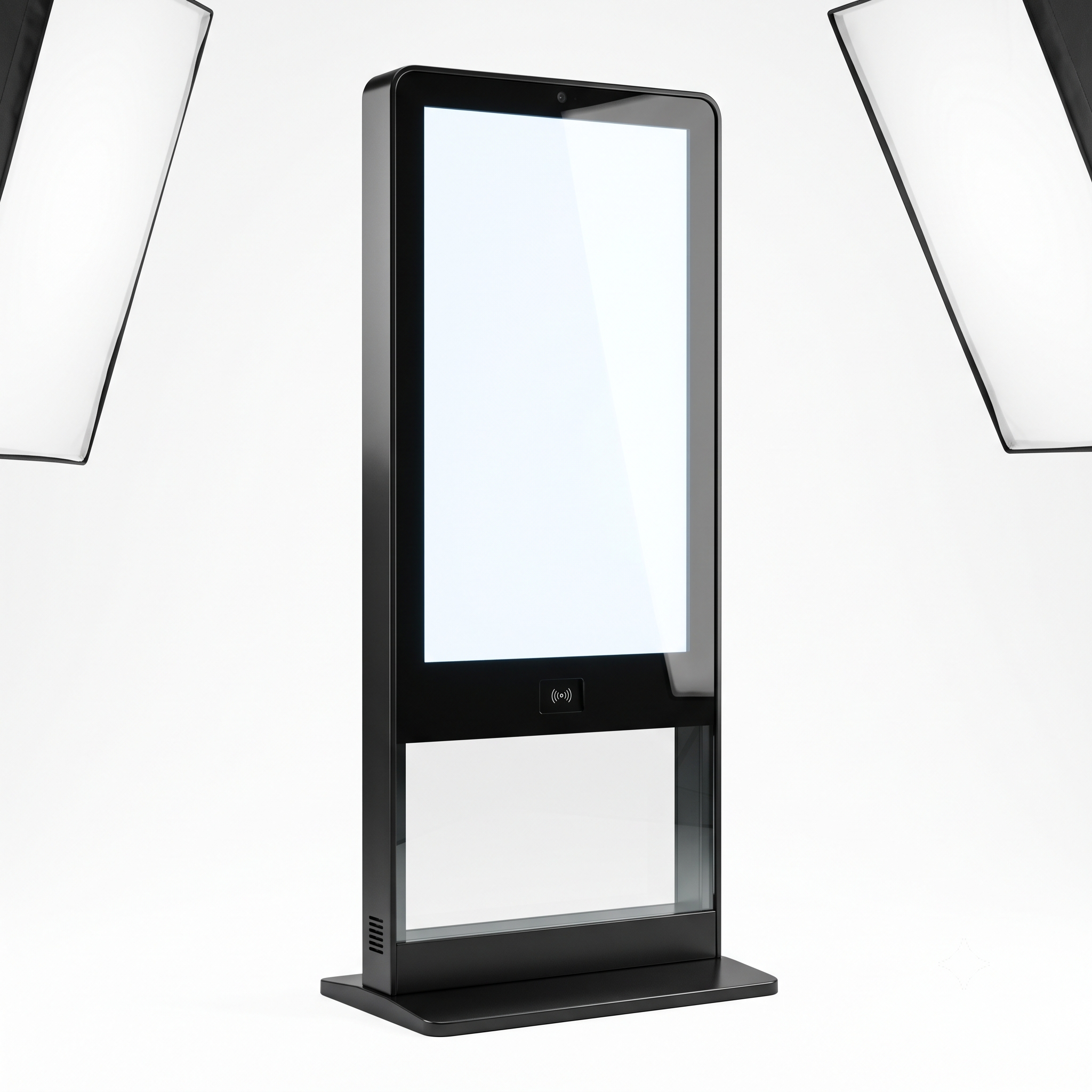 Floor-standing interactive digital signage kiosk for building lobbies