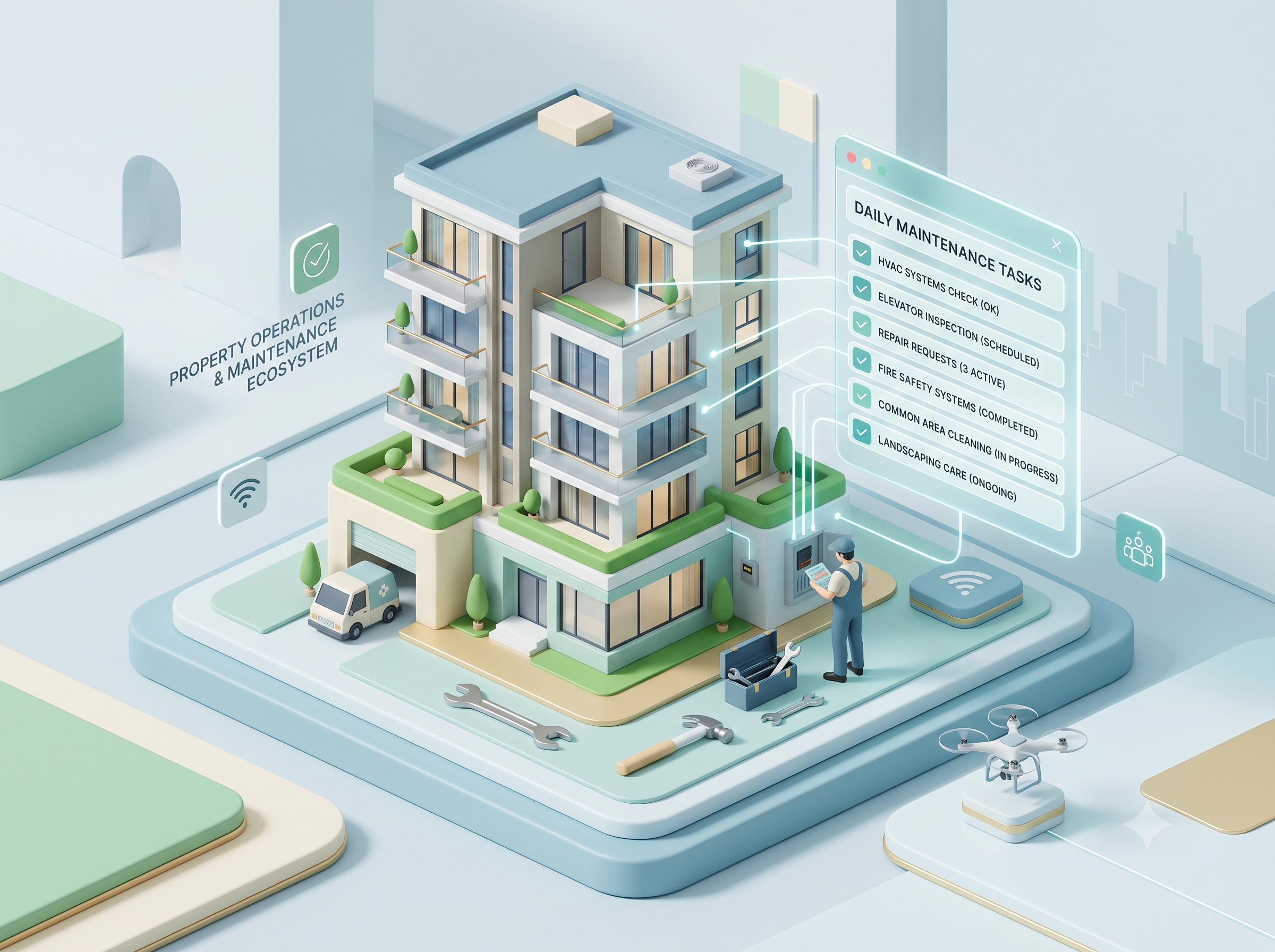3D illustration of property maintenance operations and facility management workflows
