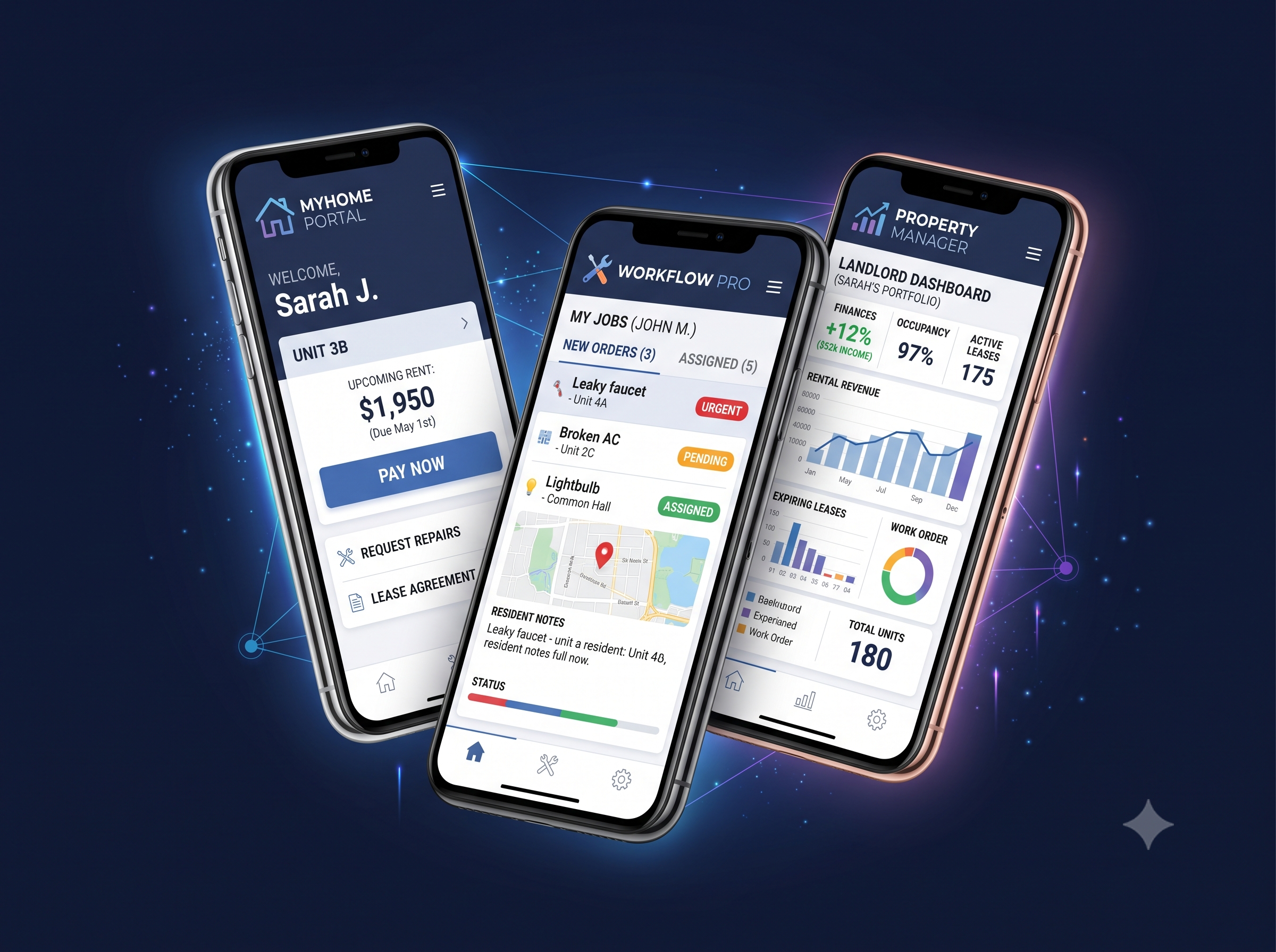 Three smartphones displaying the tenant portal, field staff app, and landlord dashboard interfaces