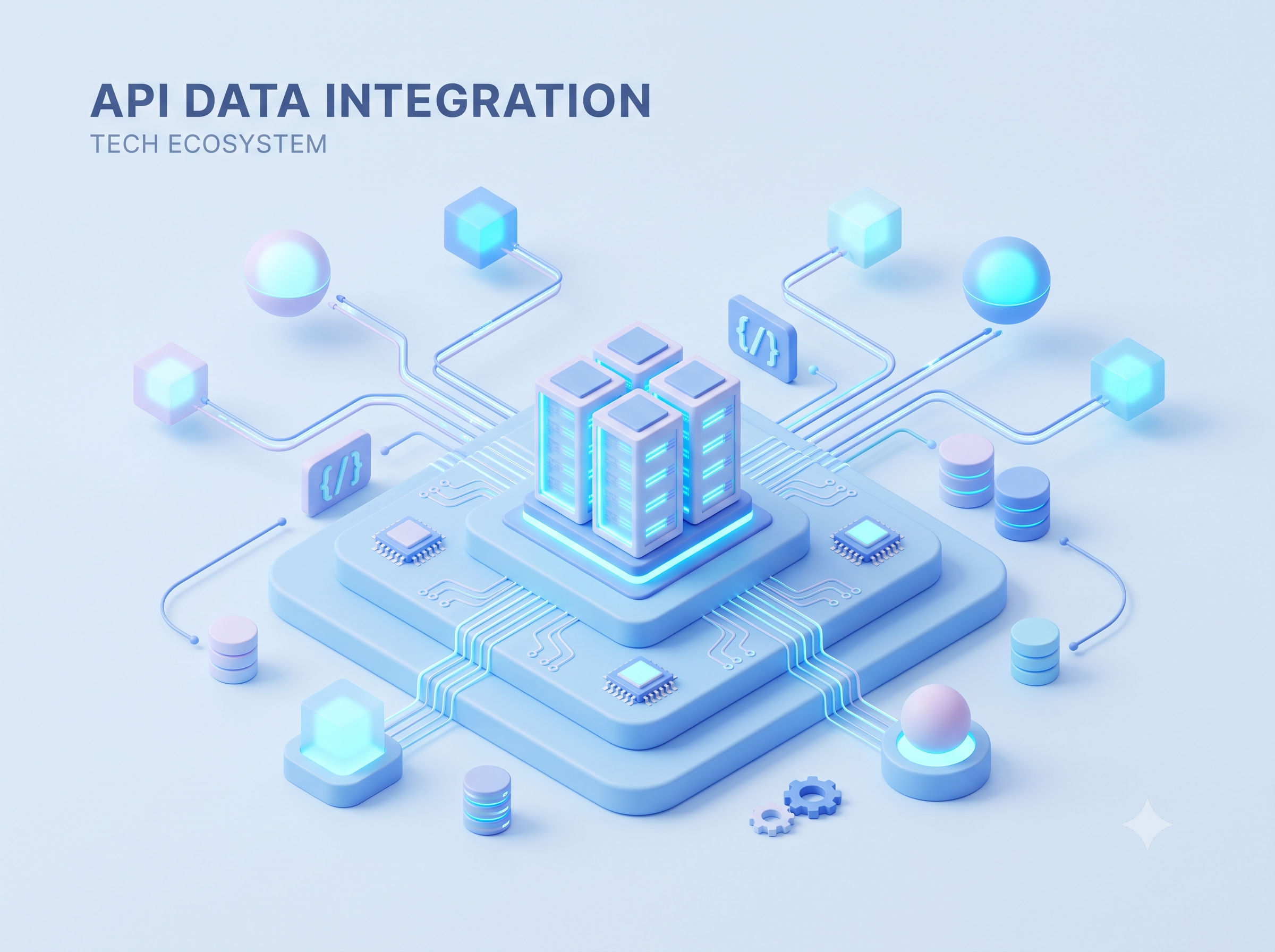3D illustration of secure API data integration connecting real estate software to ERP systems