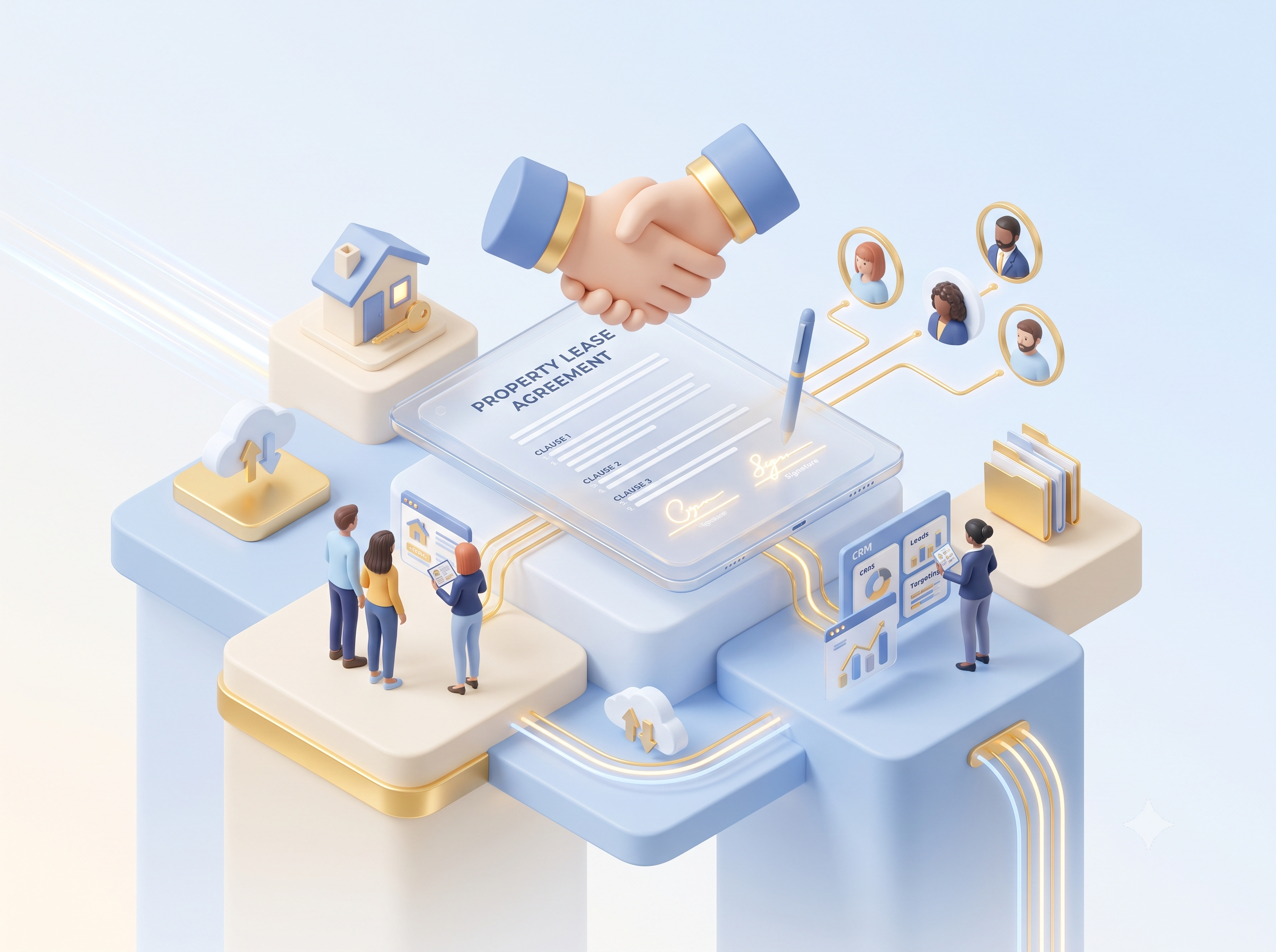 3D illustration representing real estate leasing CRM and digital contracts