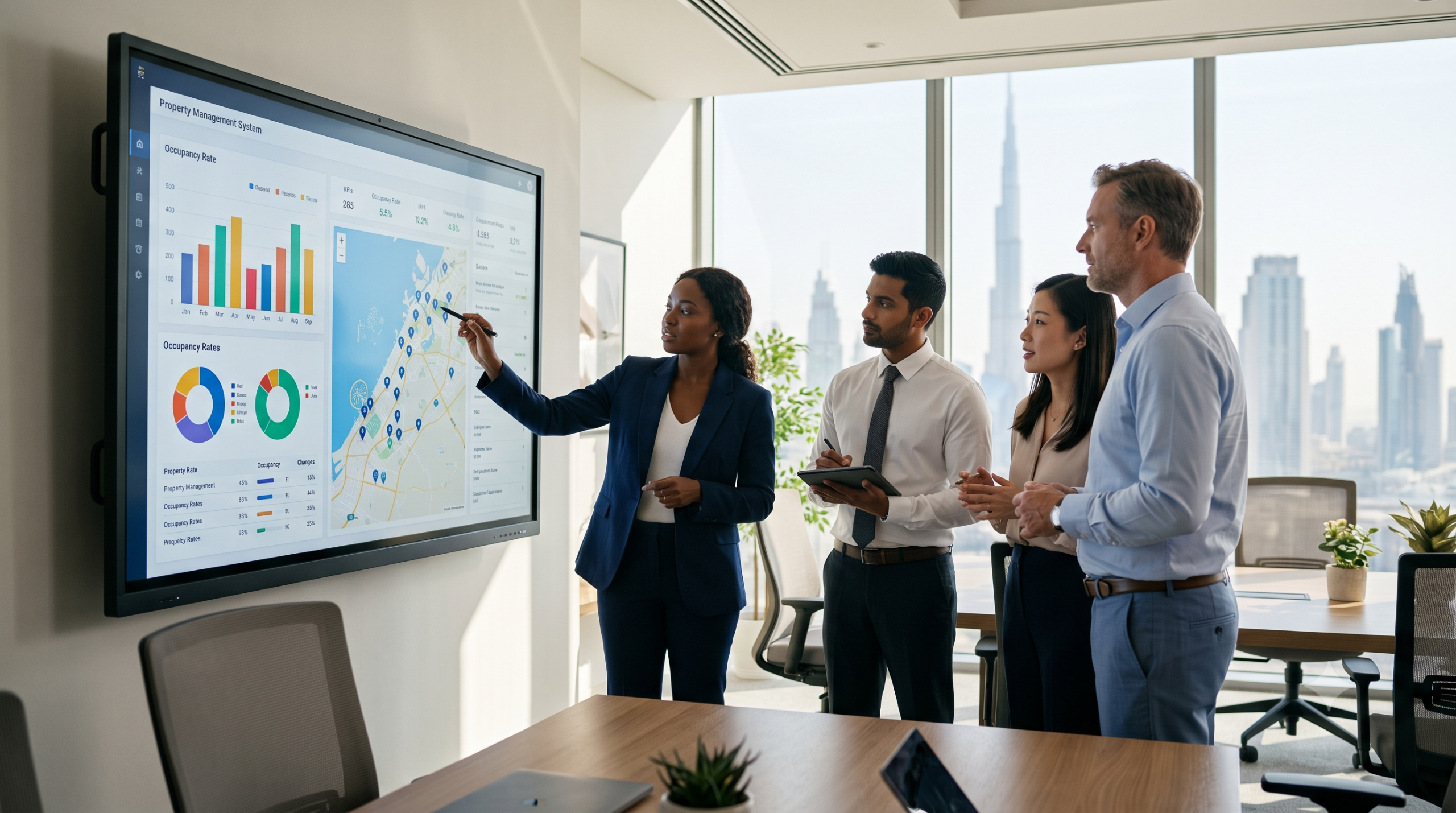 Real estate professionals in a Dubai office analyzing data on a property management system screen
