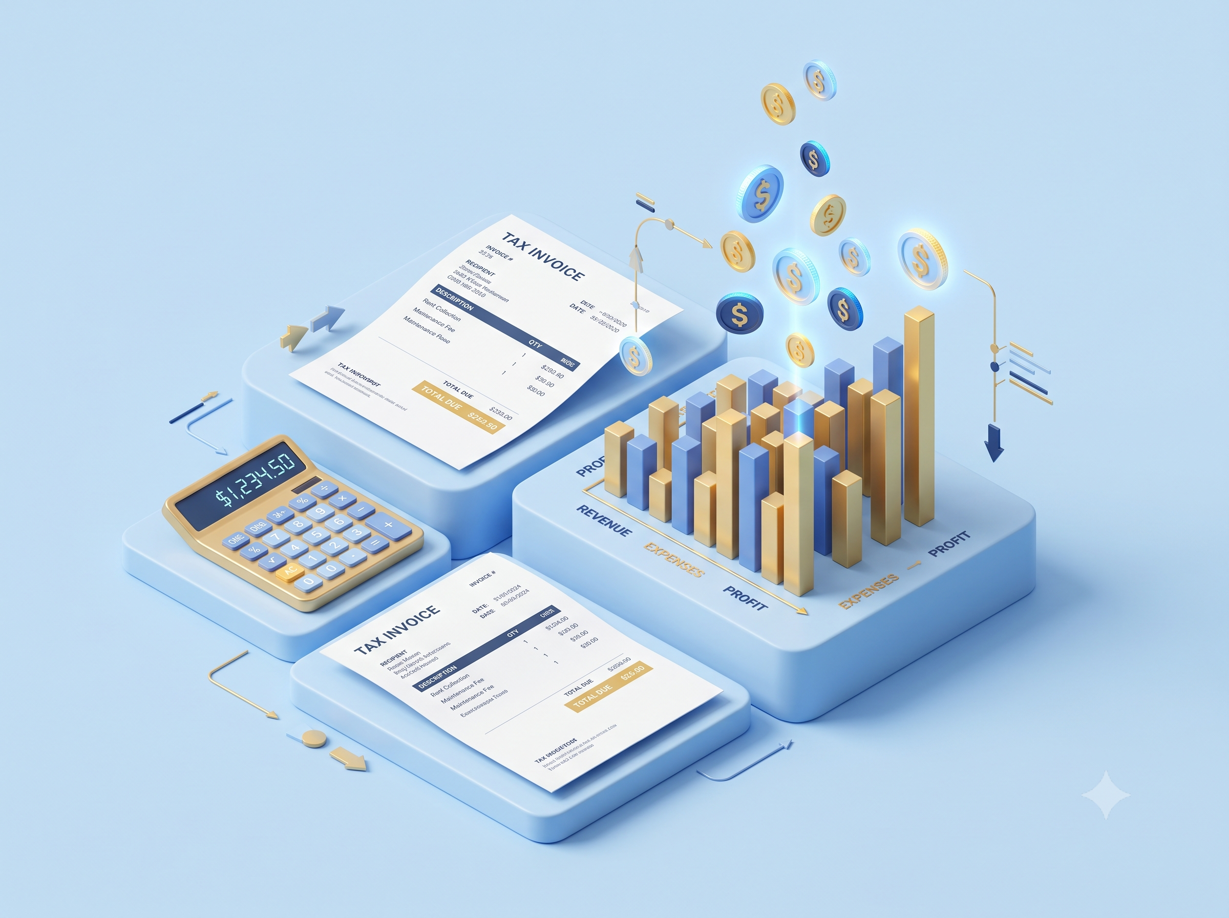 3D illustration showing real estate finance, VAT accounting, and PDC tracking