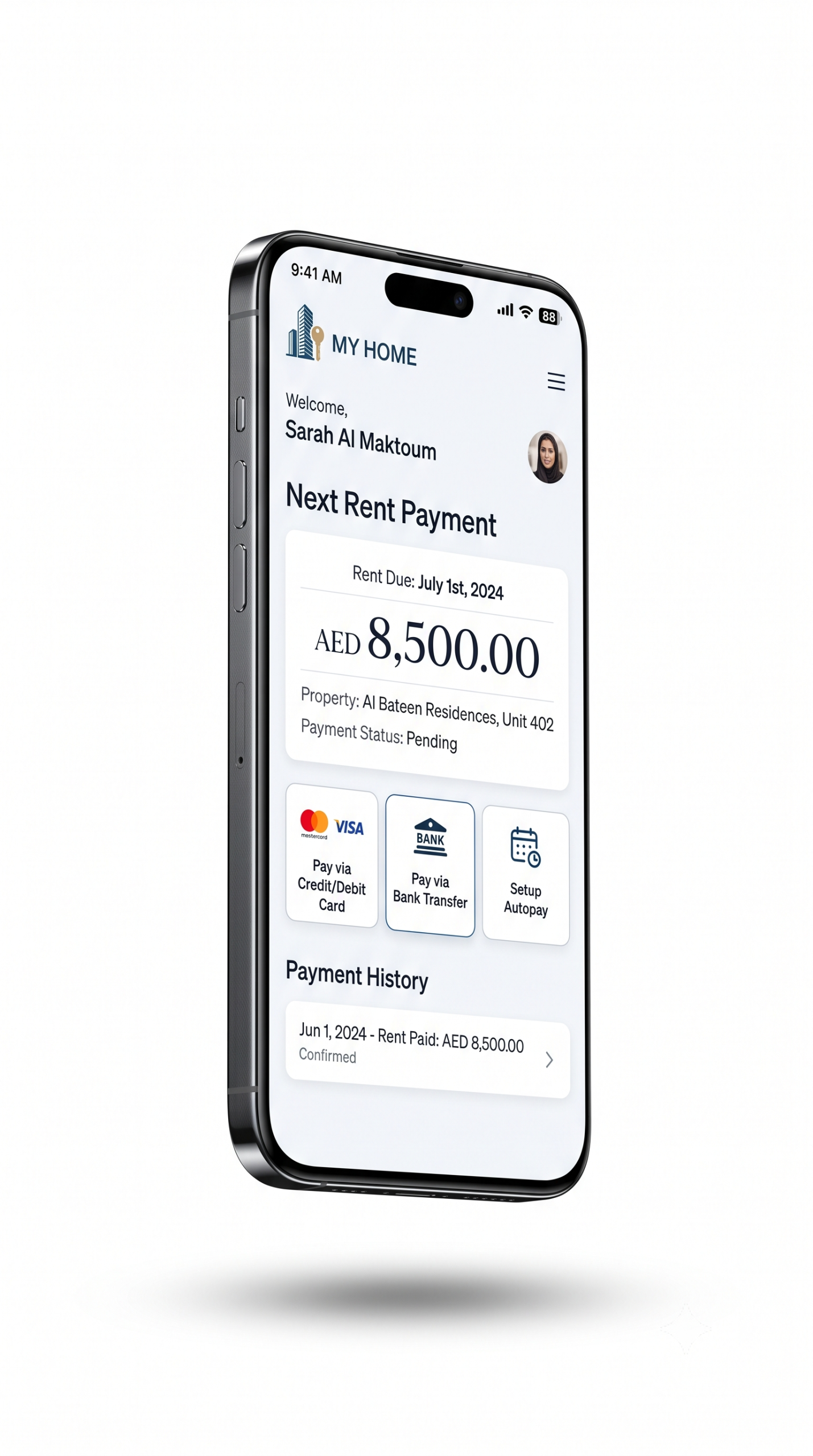 Tenant management mobile app interface showing rent payment options on a smartphone